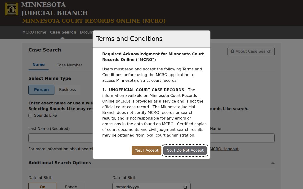 Pennington County court docket MCRO case search interface